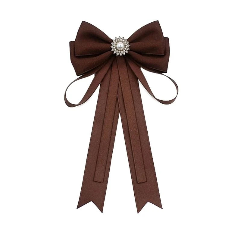 Ribbon Bowtie Brooch Pin Student Uniform Pre Tied Necktie Clip Vintage Brown Plaids Bowknot Corsage Shirt Jabot Collar
