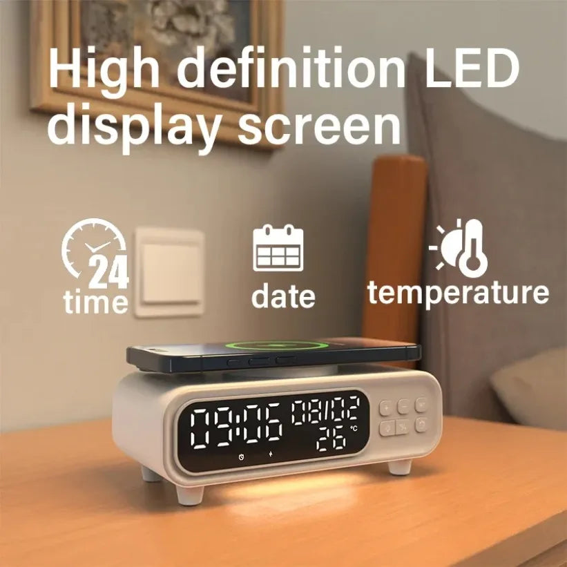 15W Wireless Charger Time Alarm Clock LED Night Light Thermometer Earphone Phone Chargers Fast Charging Dock Station For iPhone