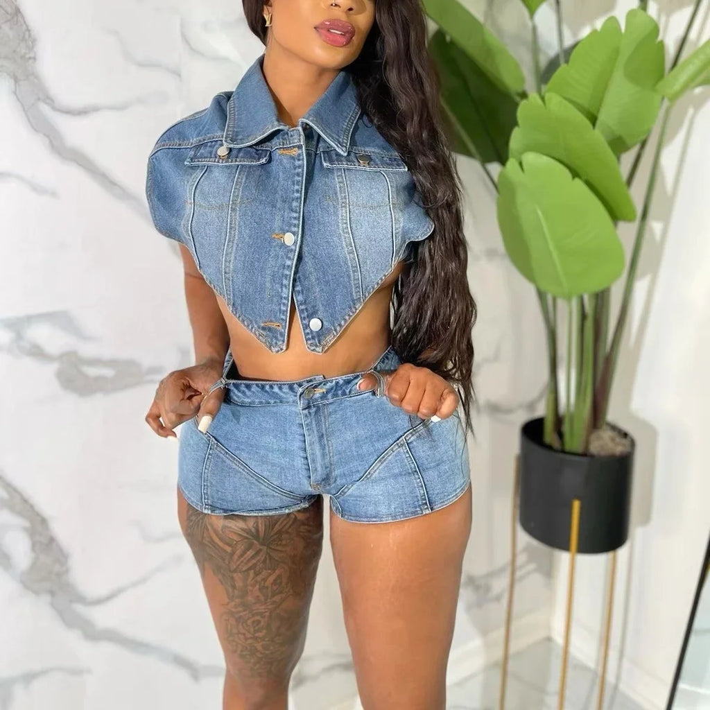 Two Piece Sets Women Denim Outfits Shorts Top Single Breasted