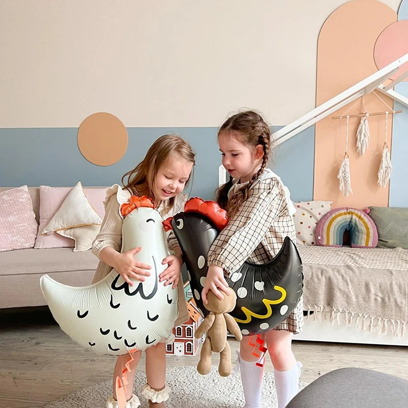 2Pcs Chicken-Shaped Aluminum Foil Balloons Black & White Polka Dot Cartoon Standing Decorations for Children's Birthday Party