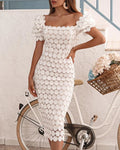 Women's Hollow Out Flower Lace Patchwork Slim Midi Dresses Temperament Solid Color Package Hip Dress Lady Commuting Vestidos