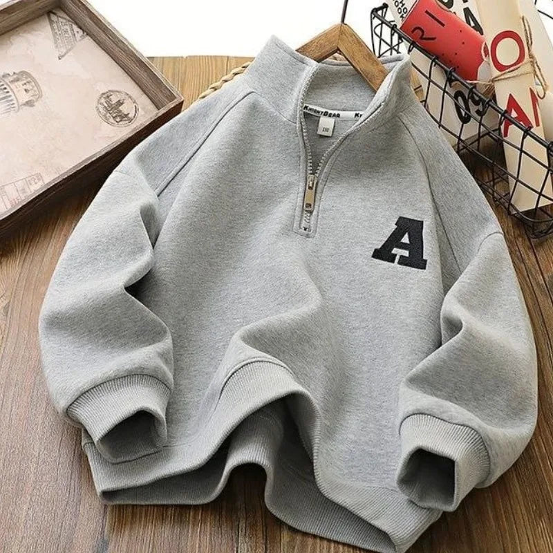 Boys & Girls 2025 New Arrival Mid-Big Size Spring/Autumn Stylish Stand Collar Semi-Zip Base Layer Sweatshirt