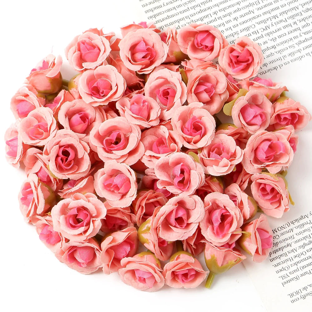 100Pcs Mini Silk Rose Artificial Flowers Head Fake Flowers For Home Decor Wedding Decoration DIY Bride Wreath Gifts Accessories