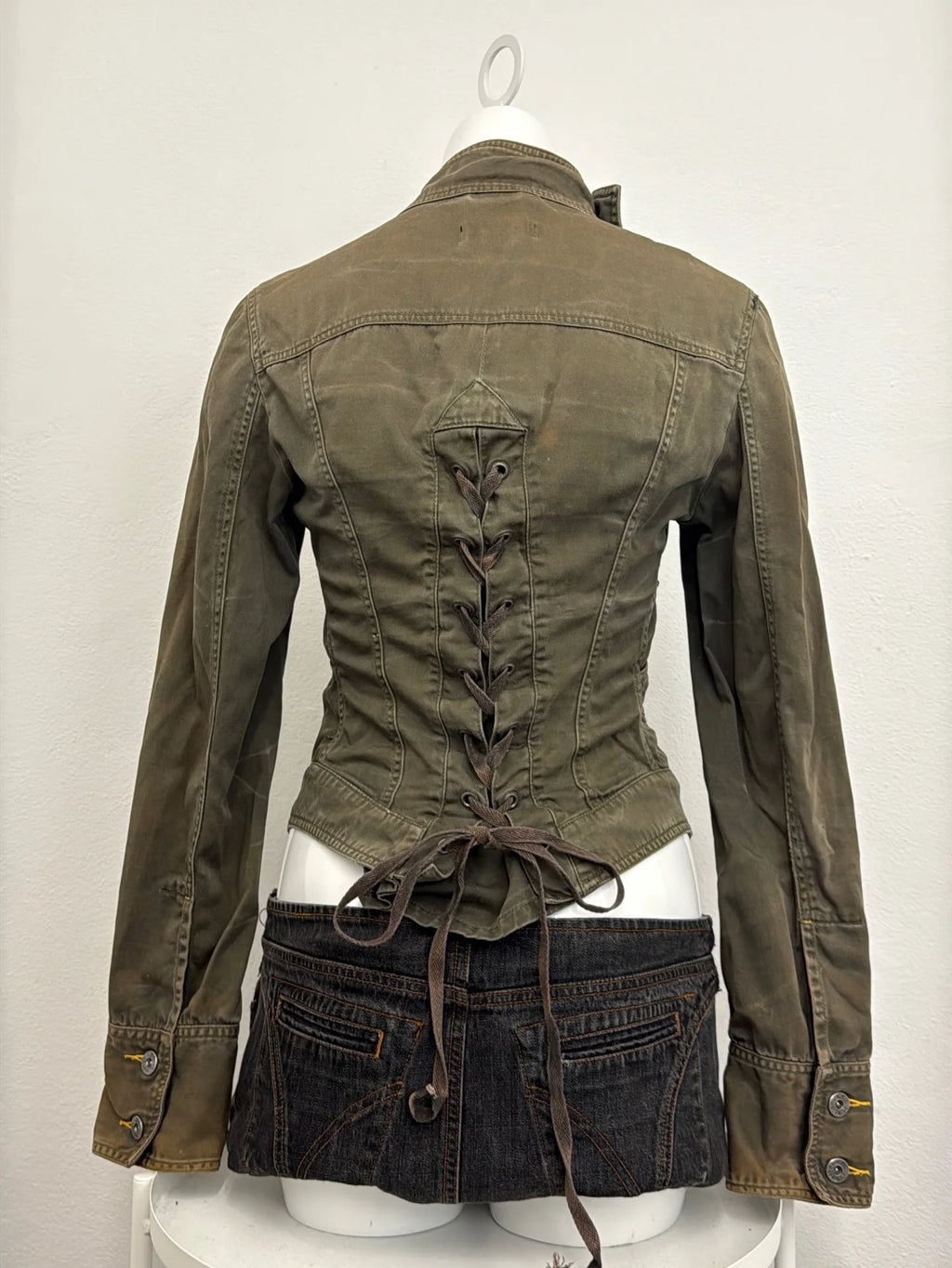 Women's Jacket Y2K Retro Street Olive Green Lace-Up Slim Denim
