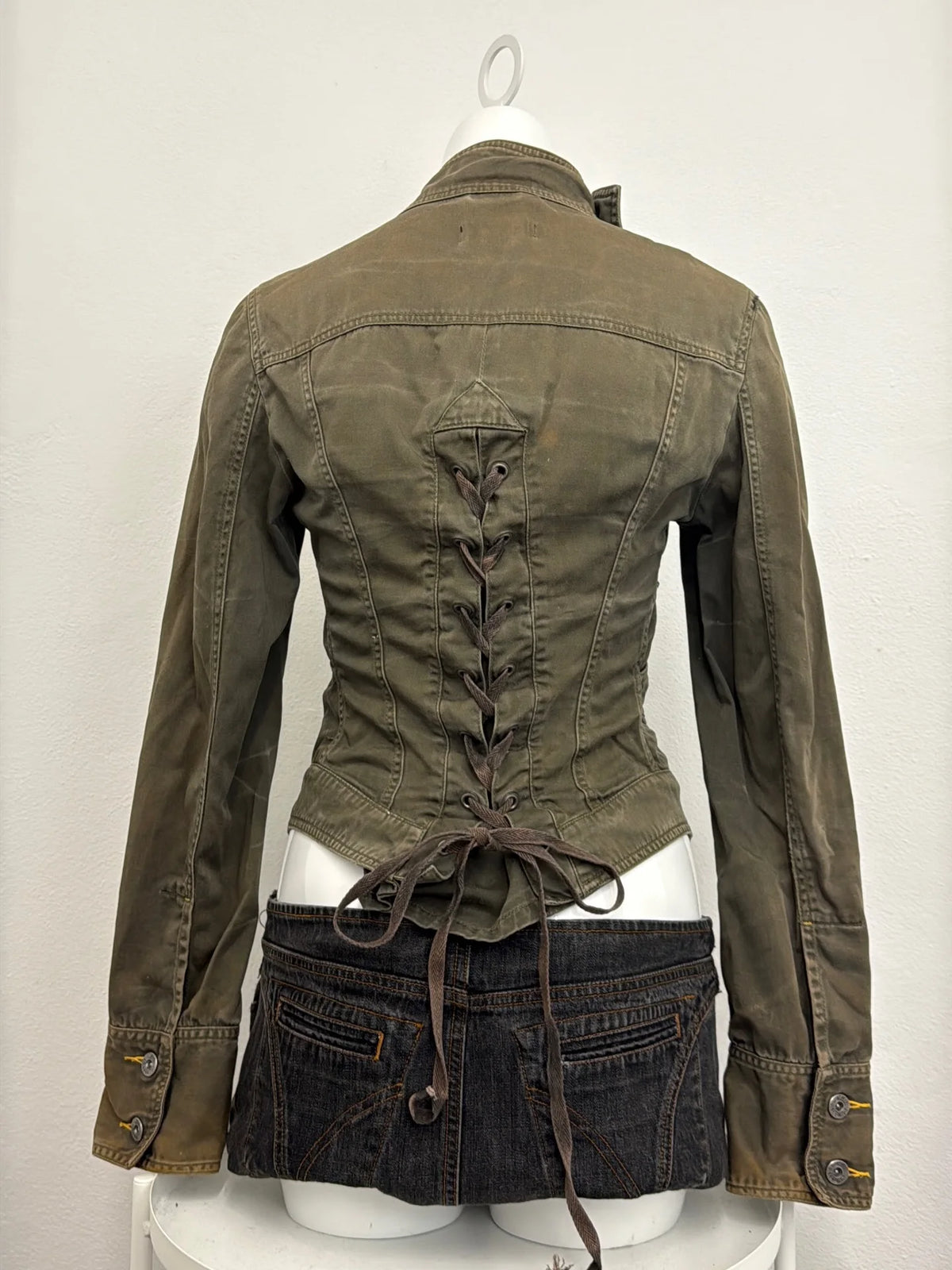 Women's Jacket Y2K Retro Street Olive Green Lace-Up Slim Denim