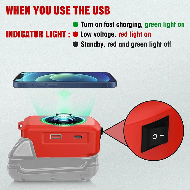 Tool Accessories Type-C USB Power Bank Wireless Charger Adapter for Makita for Dewalt for Milwaukee for Bosch 18V Li-ion Battery