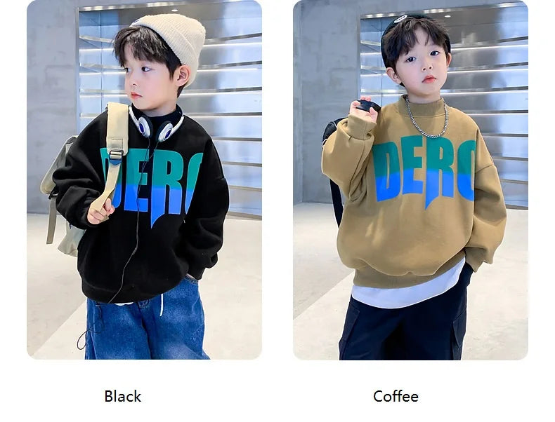 Winter Boys Warm Fleece Lined Half Turtleneck Alphabet Sweatshirt School Kids Track Pullover Coat Tops Child Work Jumper 3-16Yrs