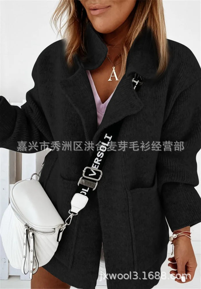 New Fashionable Women's Sweater Solid Color Autumn Winter Loose Casual Commuting Style Cardigan Long Sleeve Big Pocket Cardigans