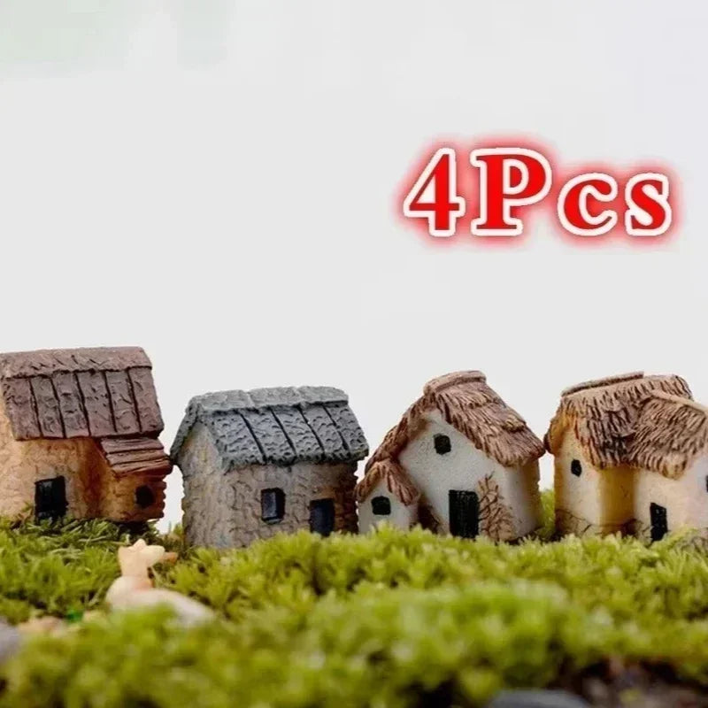 4Pcs House Miniature Figurine Fairy Accessory Home Decor Cartoon Animal Building Statue Resin Craft Small Creative Crafts Gifts