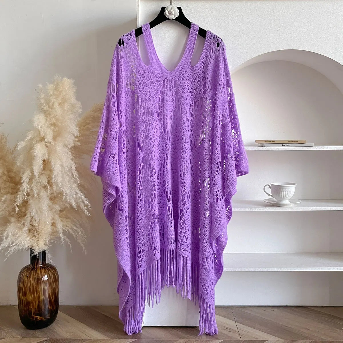 New Spring and Summer Fashion Women's Fringed Knitted Shawl Women Hollow out Solid Color Capes Knitted Pullover
