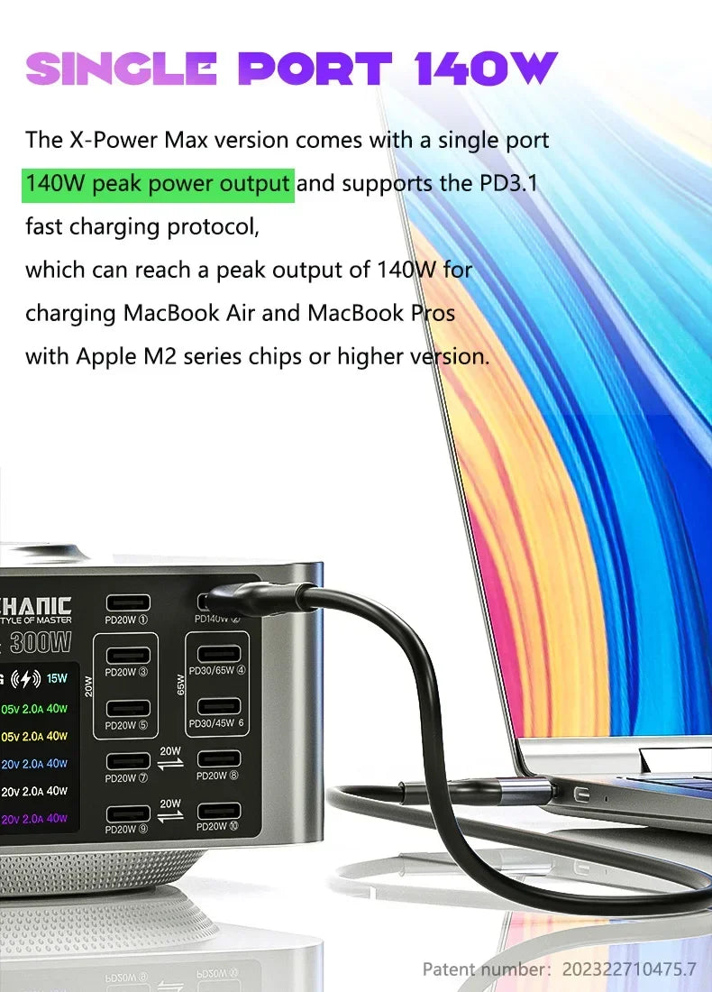 Mechanic X-POWER Max 10 Ports Desktop Charger QC3.0 PD3.1 Quick Charge For iPhone 15 14 13 Xiaomi Laptop Wireless Charger Tool
