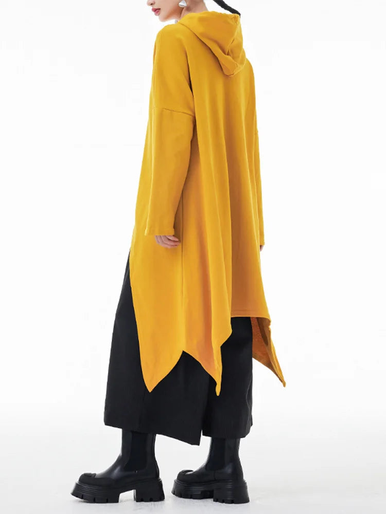 EAM Yellow Irregular Midi Sweatshirt New Hooded Drawstring Long Sleeve Women Big Size Fashion Tide Spring Autumn 2026 1DH3876