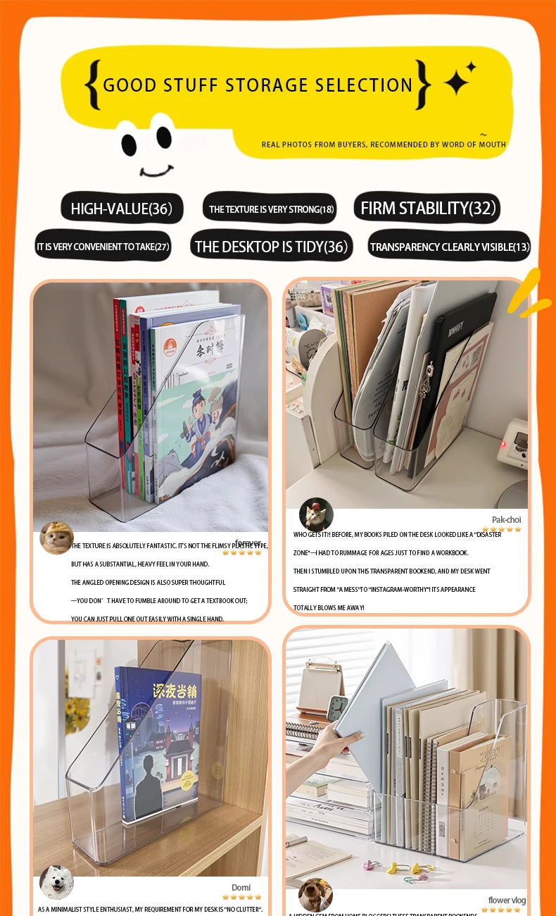 Vertical File Holder, Clear PET Desk Organizer and Storage Bins Holding for Magazines, Binders, Notebooks, Envelopes, Multi-purp
