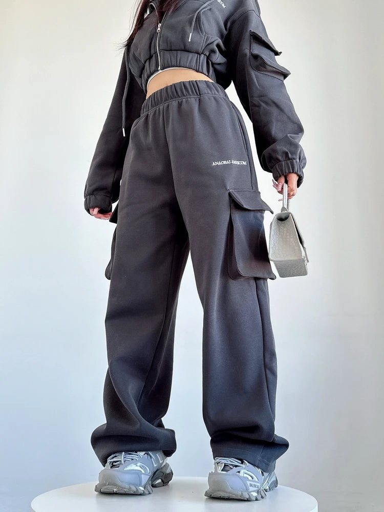 WOMENGAGA Short Zipper Sweatshirt Large Pocket Wide Leg Pants Two Piece Casual Plush Set For Winter Women Fashion Sweet 2PTB