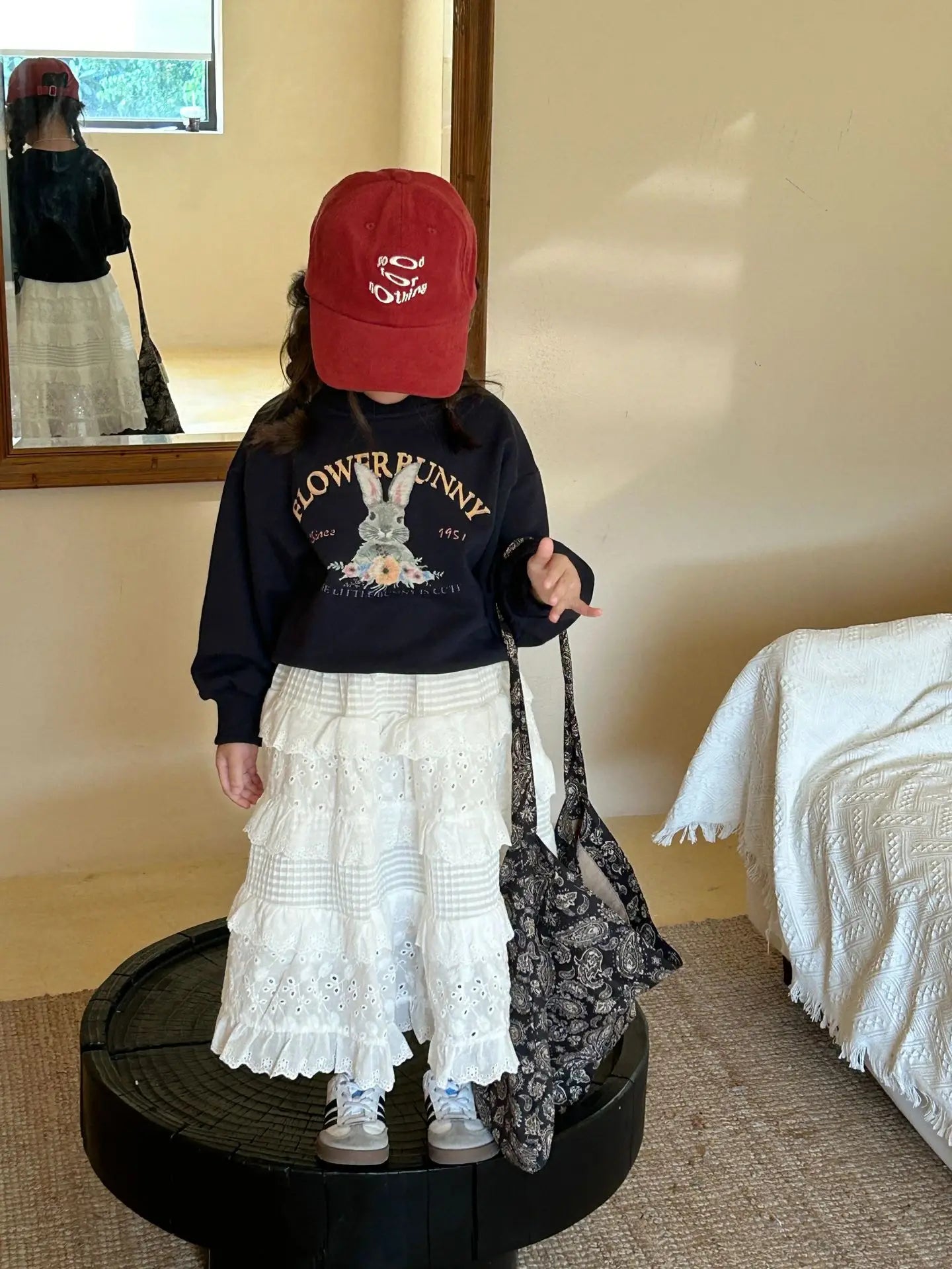 Korean Girls 2024 Navy Blue Cute Rabbit Sweatshirt+ White Lace Cake Skirt Girl 2pcs Cotton Set Fashion Baby Spring Autumn Outfit