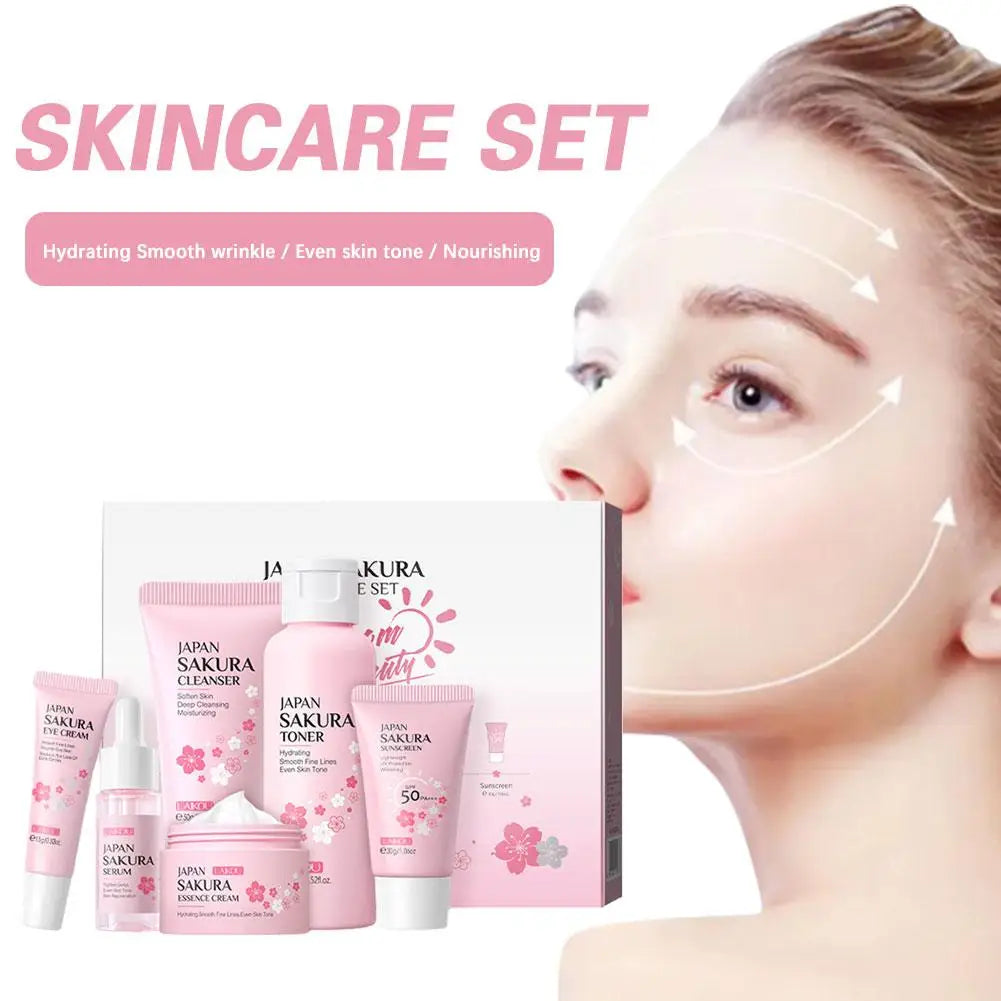 6PCs Sakura Skin Care Sets & Kits With Cleanser,Serum,Eye Cream,Sunscreen Cream Beauty Products For Women Gift Sets Routine Kit