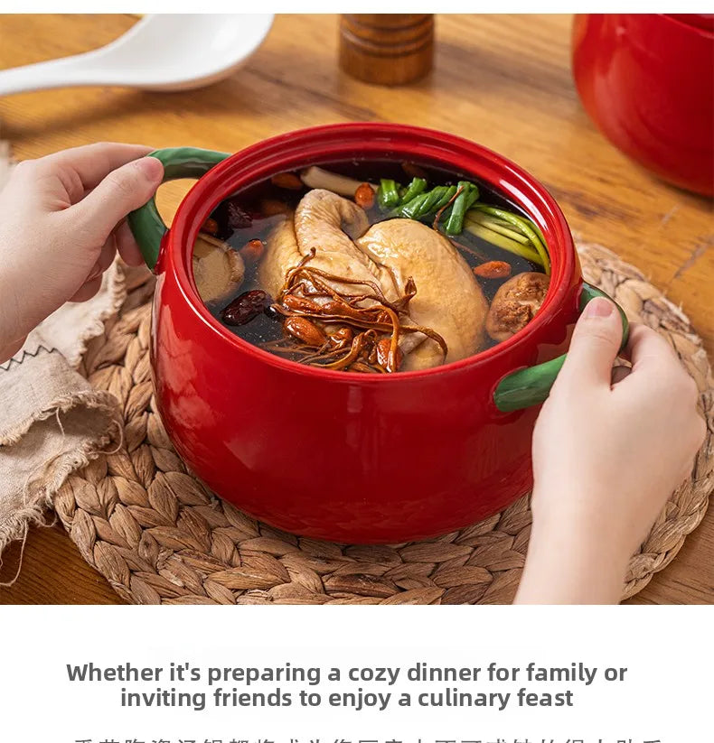 Double-Eared Ceramic Soup Bowl with Lid for Home Use Instant Noodles Bowl Lychee Noodles Special Utensils Student Dormitory