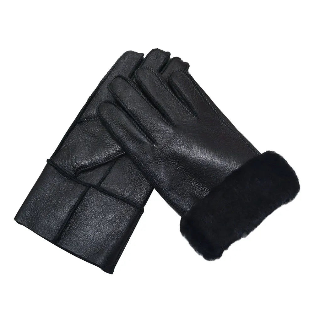 Classic Solid Color Winter Warm Sheepskin Fur Gloves Men Thickened Outdoor Motorcycle Riding Windproof And Leather Fur Gloves