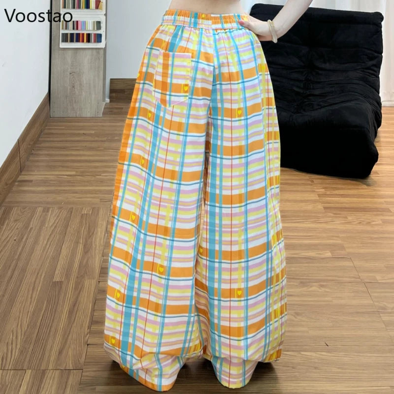 Sweet Y2K Plaid Heart Print Wide Leg Cargo Pants Women Casual Cute