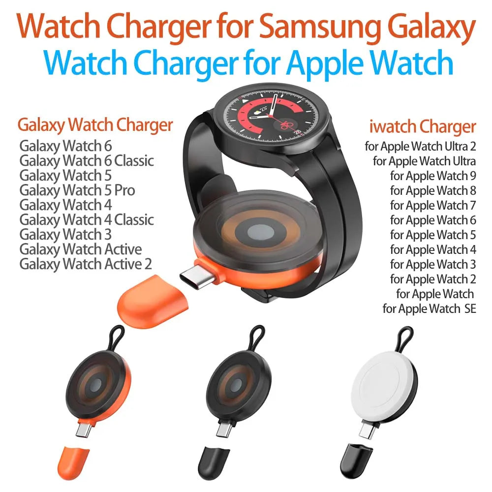 USB C Portable Watch Magnetic Wireless Charger For Apple Watch Ultra 2 3 4 5 6 7 8 9 SE Samsung Galaxy 6 Classic 5 Pro 4 Active