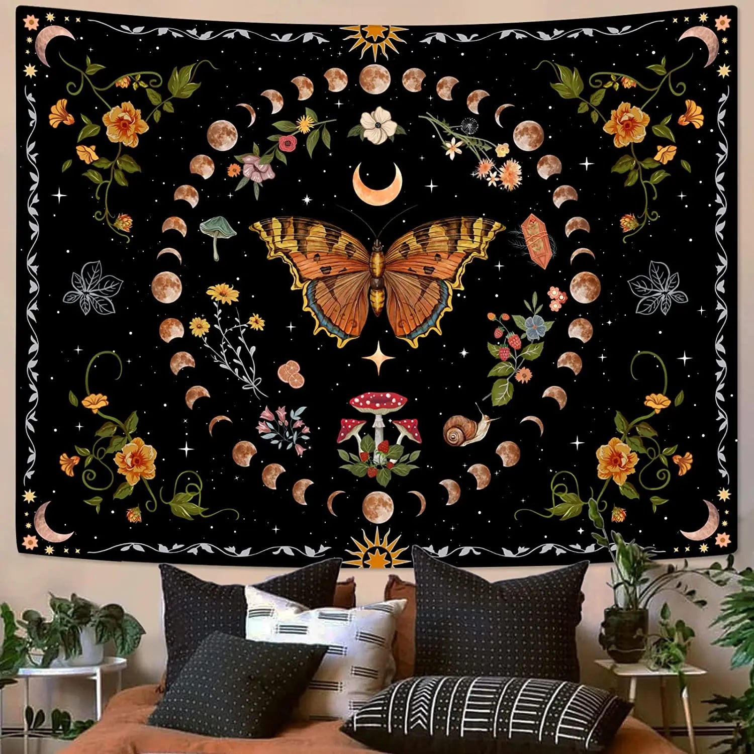 Butterflies and Moths Tapestry Black and White Flower Tapestry Wall Hanging Beach Blanket Romantic Bedroom Dorm Home Decor