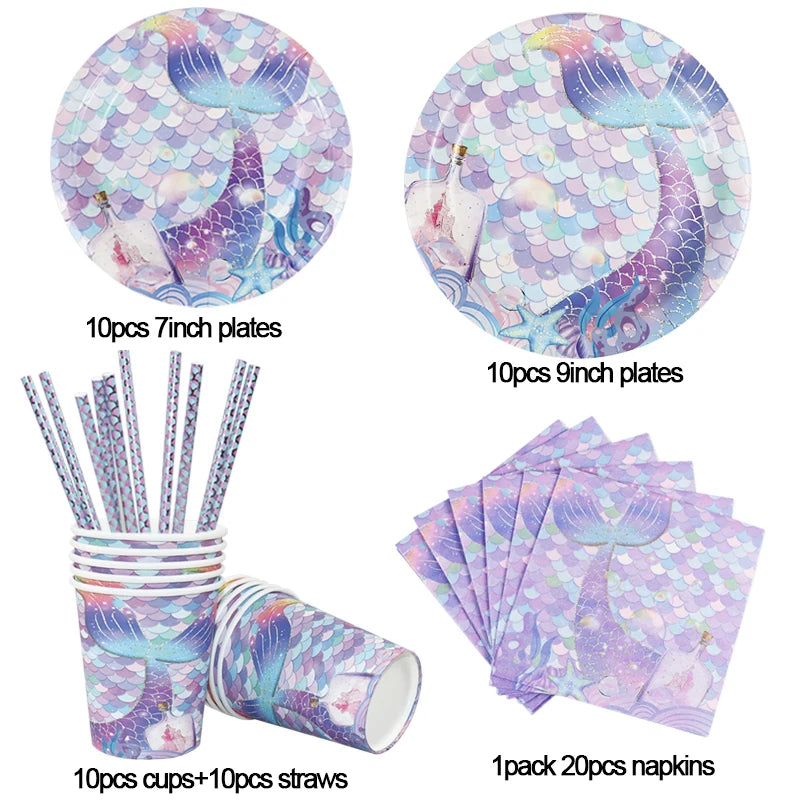 Mermaid Birthday Party Decoration Disposable Tableware Set Little Mermaid Tail Plates Girl Mermaid Party Supplies Wedding Decor
