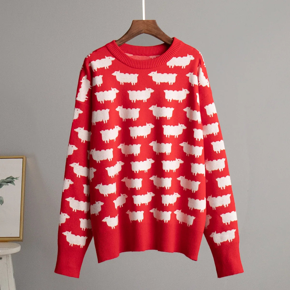 Sheep Printing Elegant Women Sweater Warm Knitted Classic O-Neck Pullover Tops 2024 Autumn Winter Long Sleeve Streetwear Sweater