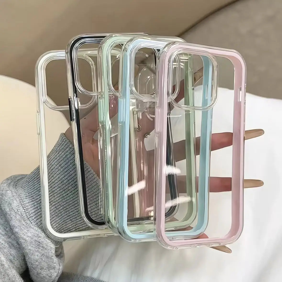 Luxury Candy Color Frame Clear Back Phone Case For iPhone 17 Air 16 15 14 13 12 18 Pro Max Plus Acrylic Shockproof Bumper Cover