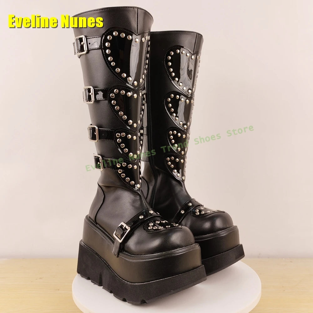 Heart Platform Wedge Knee High Boots Pink Round Toe Thick Sole