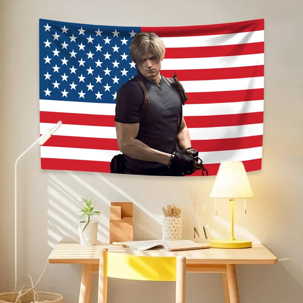 Leon Kennedys American Flag  Hippie Home Decor Aesthetics Wall Hanging Bedroom Dorm Background Cloth Birthday Gift