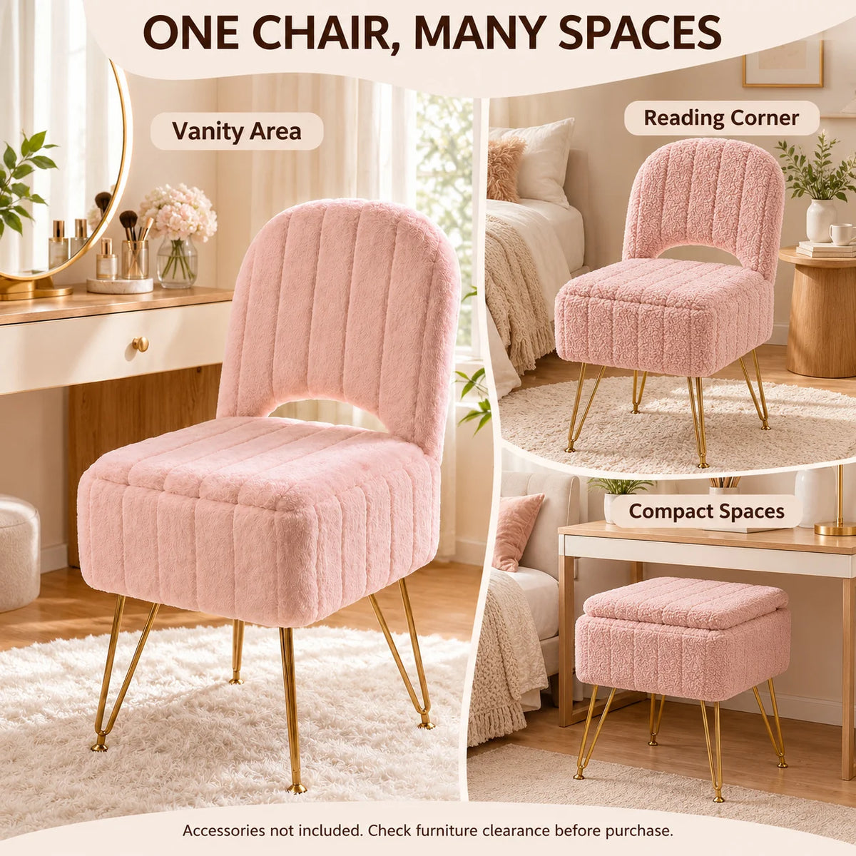 Pink Storage Vanity Chair with Adjustable Folding Backrest Memory