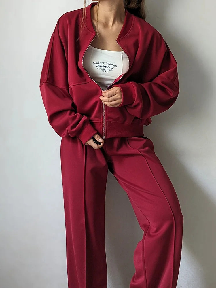 Gray Straight Pants Two Pieces Sets Women Outfit Long Sweatpants Street Wear Zipper Jacket Track Suits Sweatshirt Sets For Women