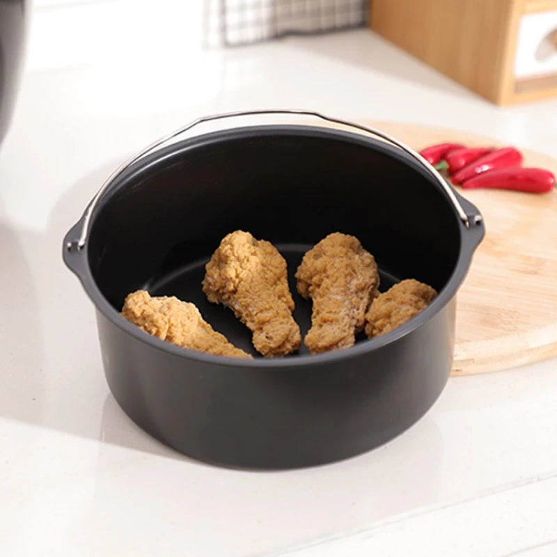 8-inch Round Hand-Held Nonstick Thickening Carbon Steel Air Fryer Cake Basket Baking Mold Barrel Household Baking Accessories