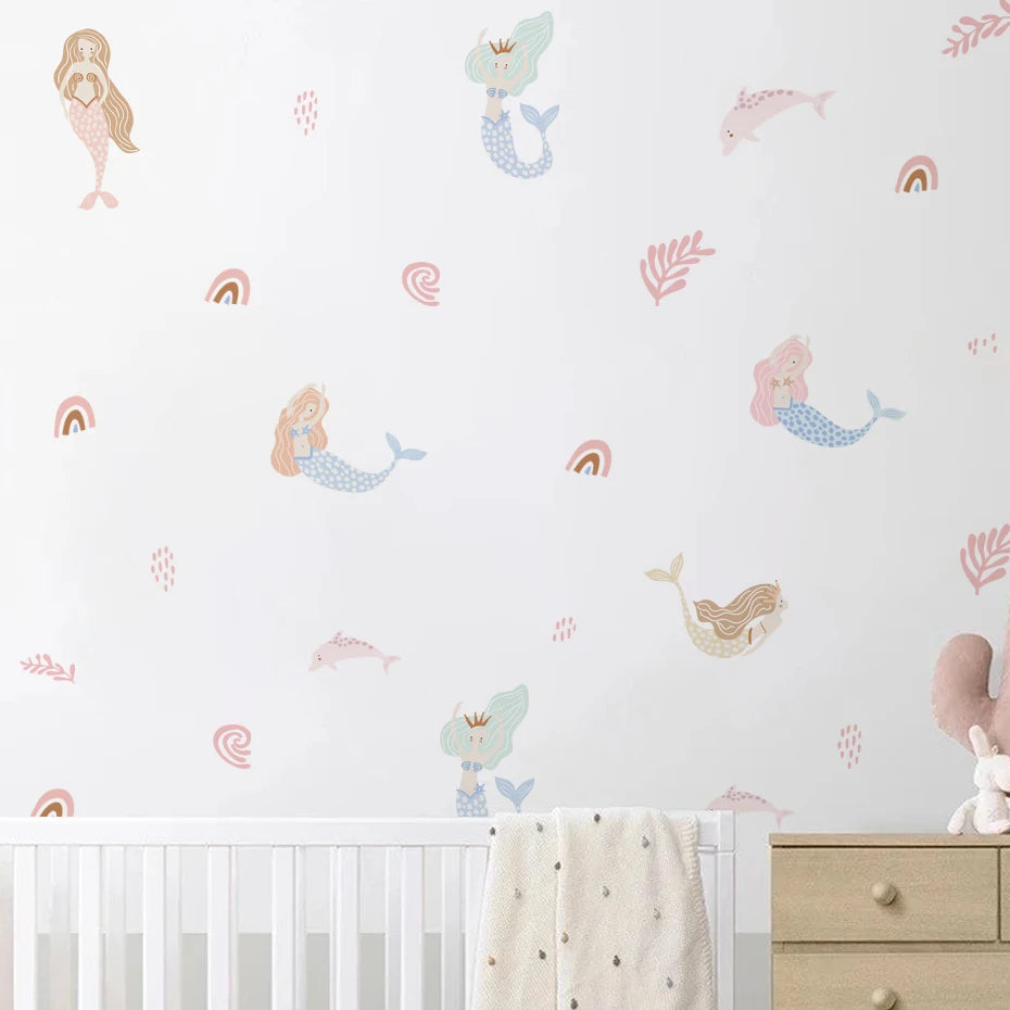 Boho Cartoon Mermaid Seaweed Wall Stickers for Kids Room Bedroom Living Room Home Decoration Wall Decals