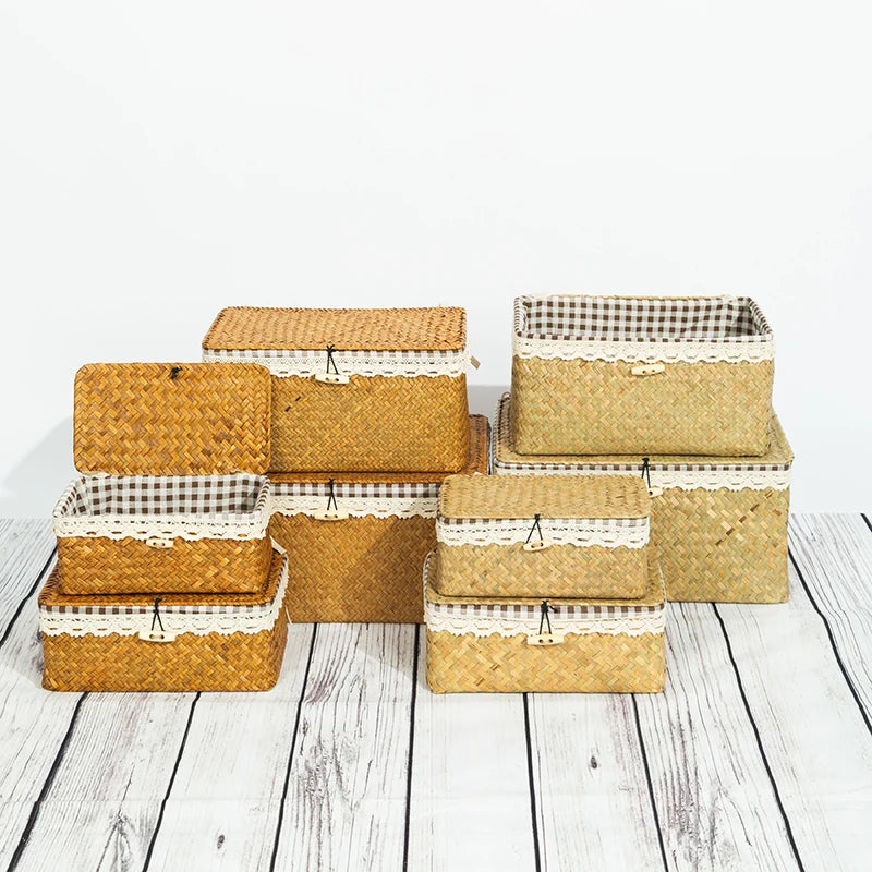 Wicker Basket with Lids Nautral Seagrass Storage Box Basket Woven Rectangular Bins Container Rattan Storage Kitchen Organizer
