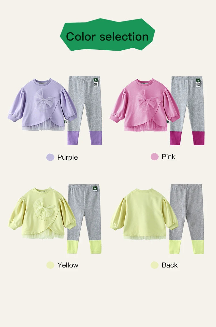 Amila Baby Set 2025 Spring New Solid Color Bow Solid Loose Sweatshirt Leggings Casual Soft Children's Two-Piece Set