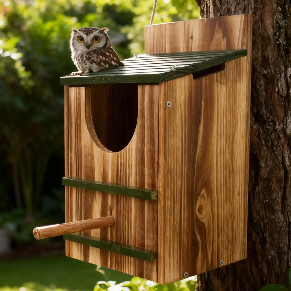 Owl Box Wooden Bird House Waterproof Carbonized Shelter for Garden Outdoor Window Squirrel Pigeon Hummingbird Nesting Home Decor