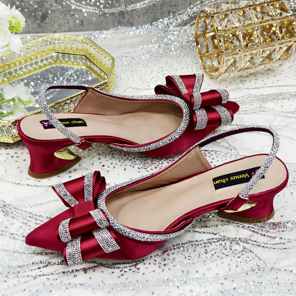 Wine Pointed-Toe Rhinestone Shoes and Bag Set