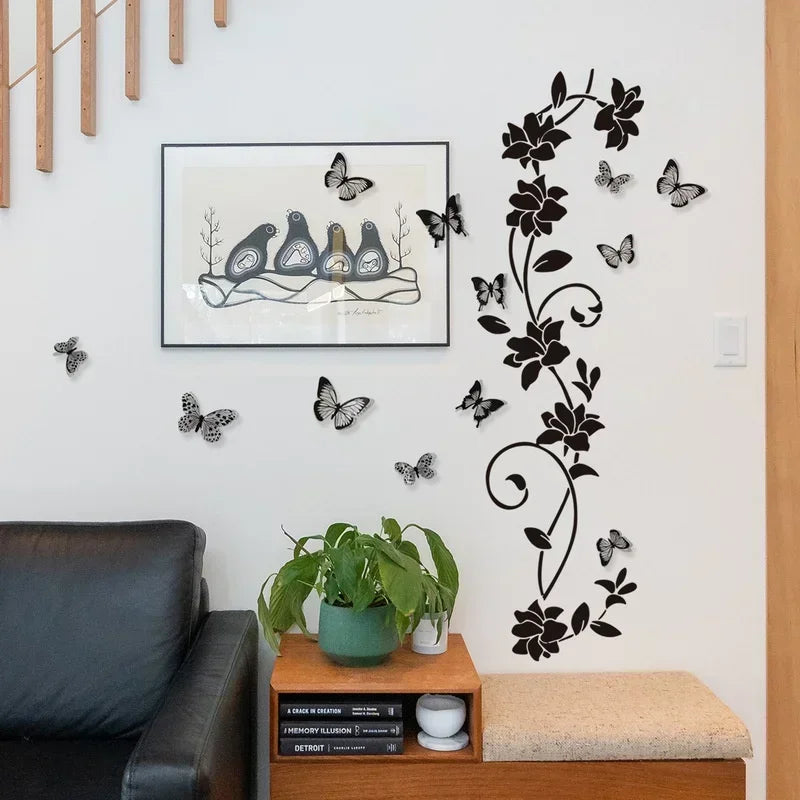 2024 New 3D Butterfly Wall Stickers  Black Flower Rattan Living Room Background Room Wall Stickers Dark Style 38*43cm Home Decor