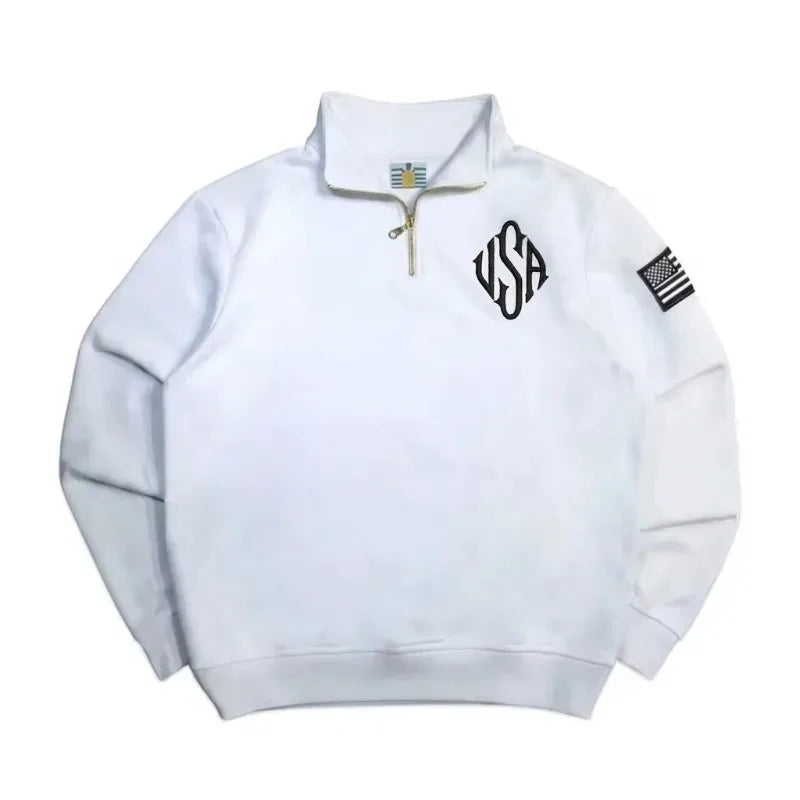 Quarter Zip Sweatshirt Y2K Navy Blue USA Embroidered American Flag Patchwork Jacket Men Women Retro Street Fashion Trend Top
