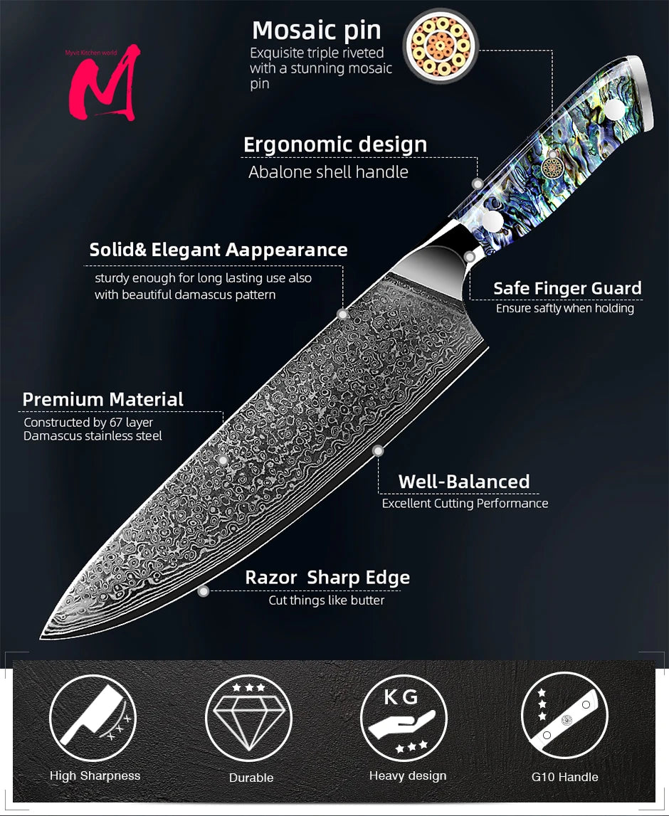 Damascus Knife Chef Knife Japanes VG10 67 Layer Steel Cleaver Paring Bread Knife Lasting Sharp Abalone Shell Handle Kitchen Gift