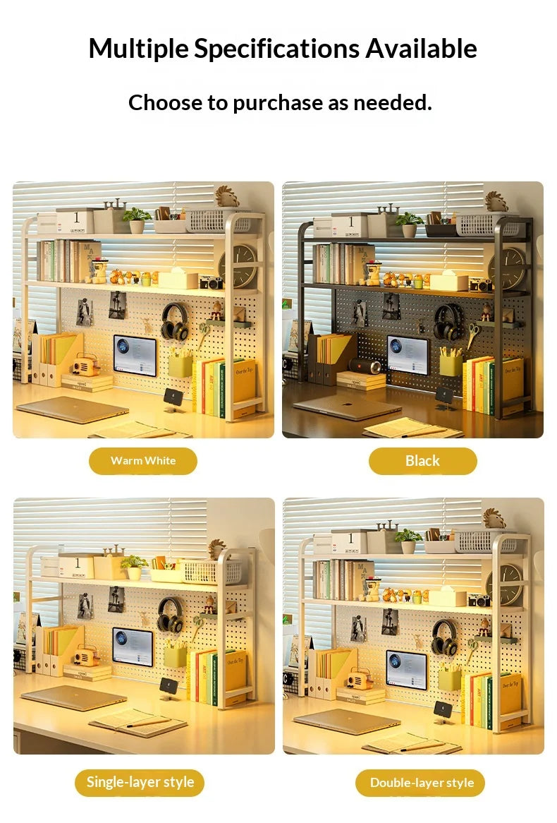 Iron Desktop Pegboard Bookshelf Multi Tier Desk Organizer Storage Shelf Student Computer Workstation Tidy Rack Cabinet Furniture