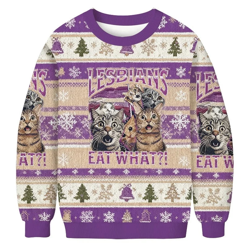 Funny Christmas Ugly Sweatshirt Men's Cat Printed Autumn Long Sleeve O-Neck Chic Pullover Holiday Colorblock New Year Clothing