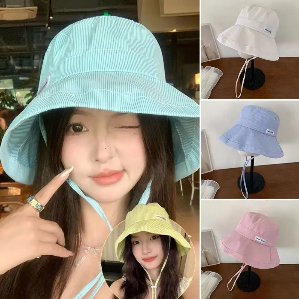 Y2K Wide Brim Fisherman Caps Candy Color with Rope Bucket Hats