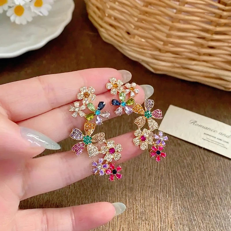 Romantic Colorful Zircon Flower Earrings For Women Girls Fashion Sweet Waterdrop Flower Earrings Exquisite Party Jewelry Gifts
