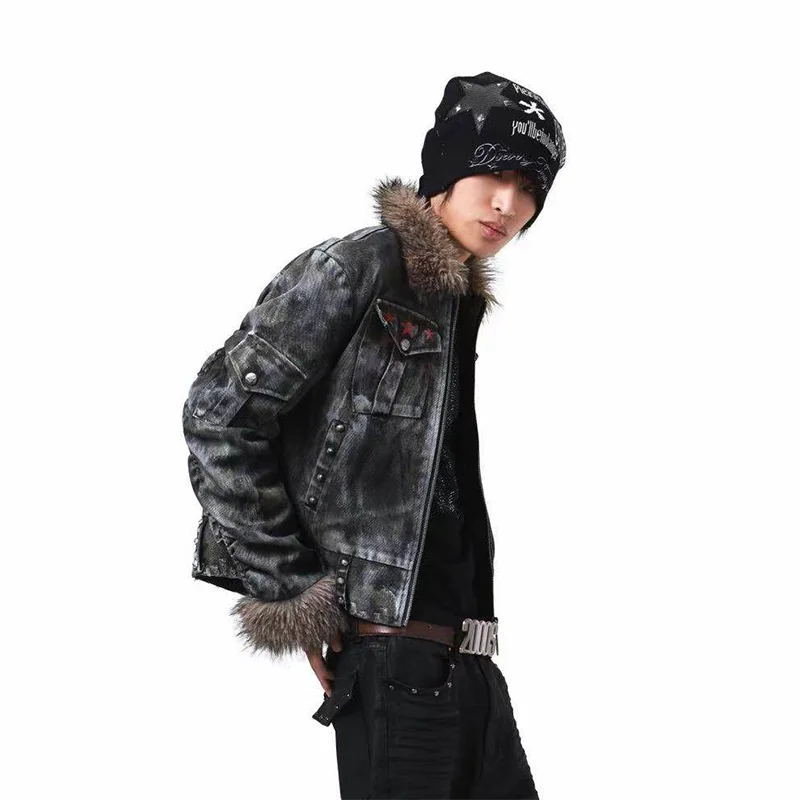 MWJLPWQ Washed Distressed Jacket Stains Irregular Damage Rivets