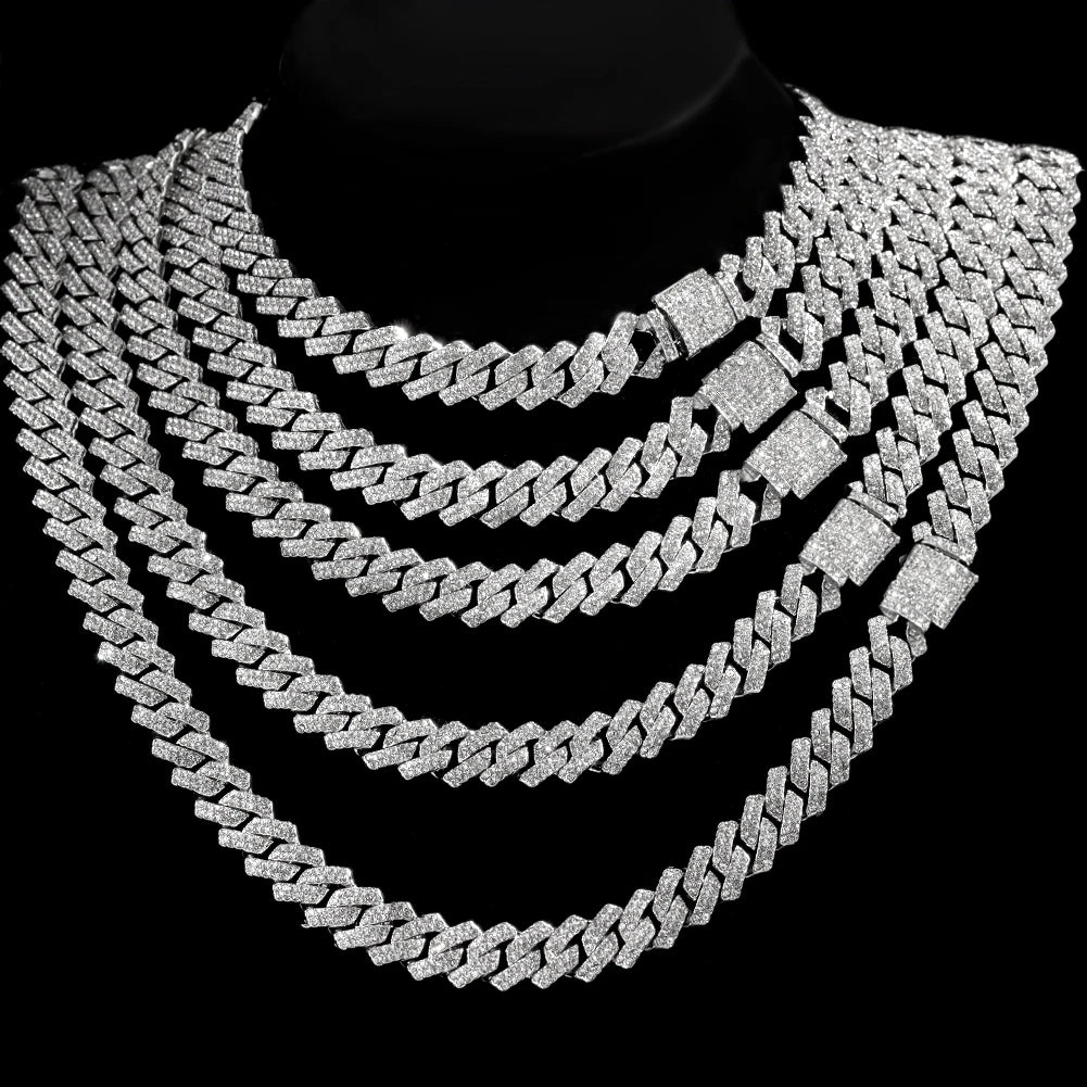 14mm Iced Out  Prong Cuban Link Chain Necklace for Men Women 2 Row Rhinestone Paved Miami Rhombus Hip Hop Jewelry Wholesale