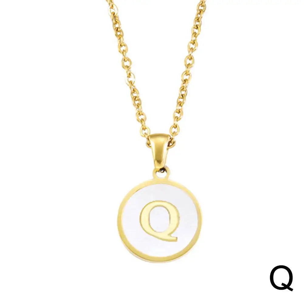 Vintage Initial 26 Letters A To Z White Shell Pendant Necklace Gold Color Steel For Women Men Choker Jewelry Necklace