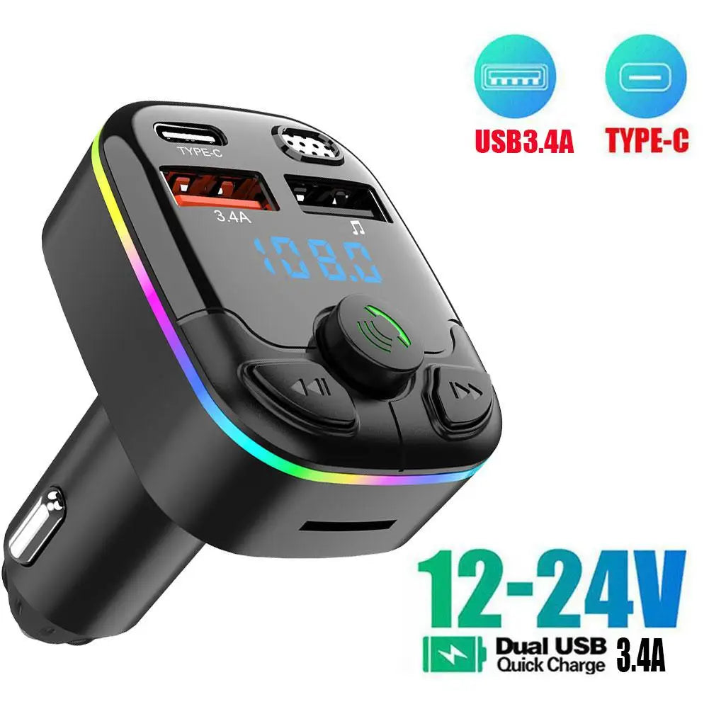 Bluetooth 5.0 Car FM Transmitter Wireless Charger PD Type C Fast Charge Dual USB Charger Ambient Light MP3 Player Handsfree