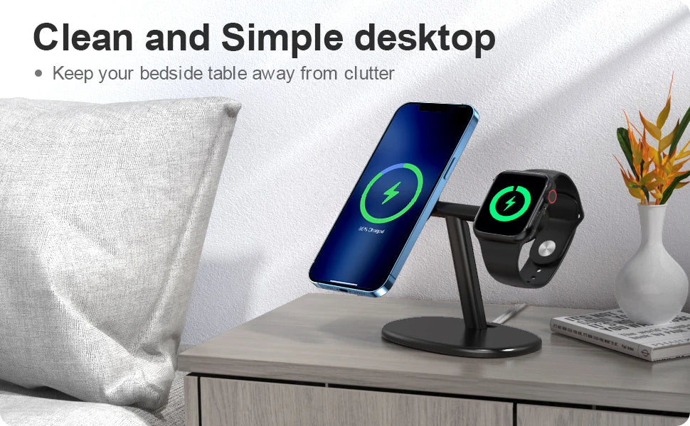 EWA 2-in-1 Aluminum Phone Stand for MagSafe Charger - [Charger Not Included] Phone Holder  for iPhone 16~12 & Apple Watch Series